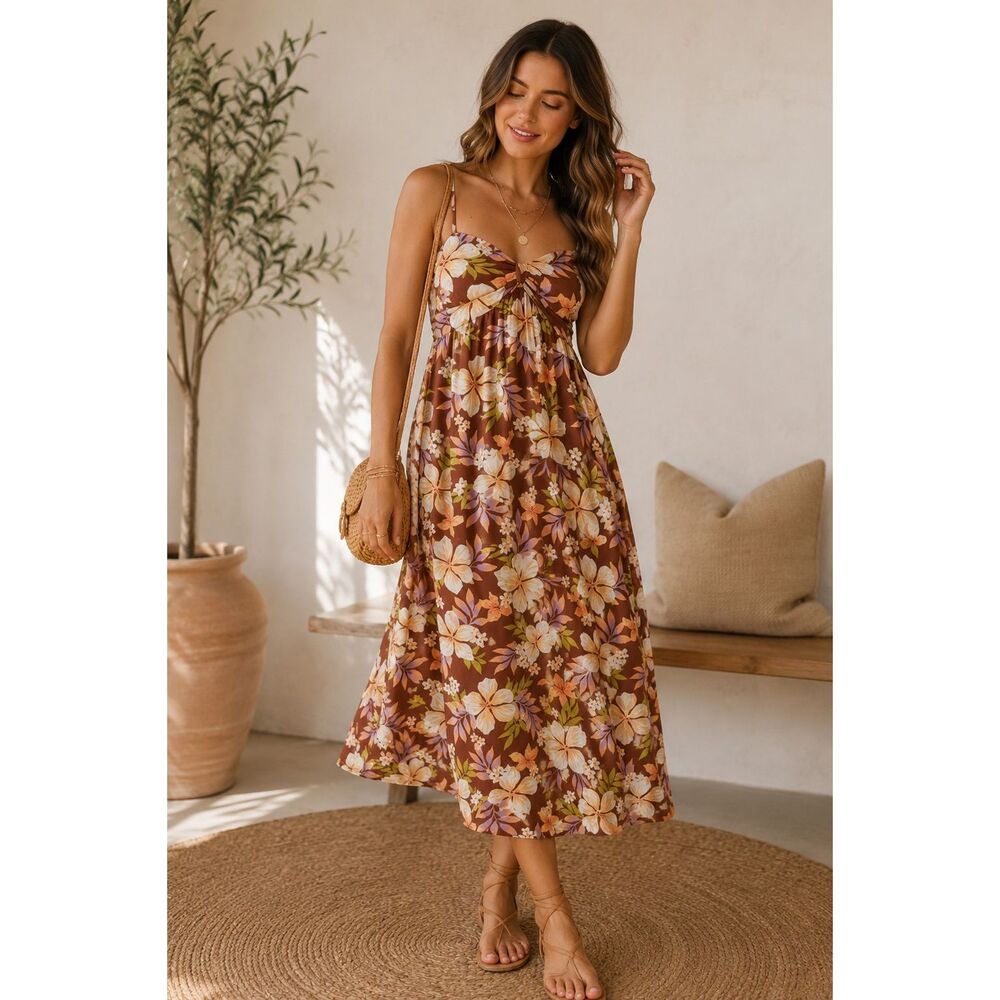 Billabong Tropical Floral Midi Dress Empire Waist Size L Smocked Back Hawaiian B - Picture 1 of 8